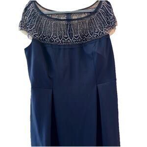 R&M Richard’s Formal Dress 18W Knee Length Beaded Top A Line Padded Bust Navy